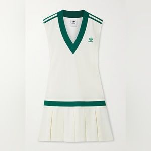 adidas Originals 'Tennis Luxe' logo V neck pleated dress in off white